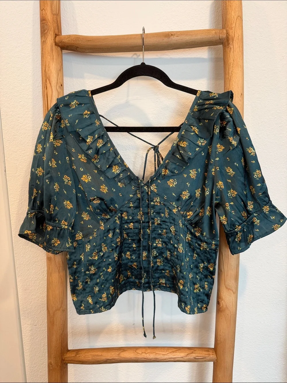 Free People Floral Ruffle V-Neck Blouse - Teal with Yellow Floral